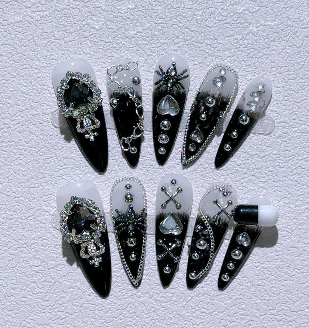 Metal Chain Dark Gothic Almond Press On Nail Art Silver Streak Decoration Handwork Detachable Fake Nails Presson Girl Party Gift