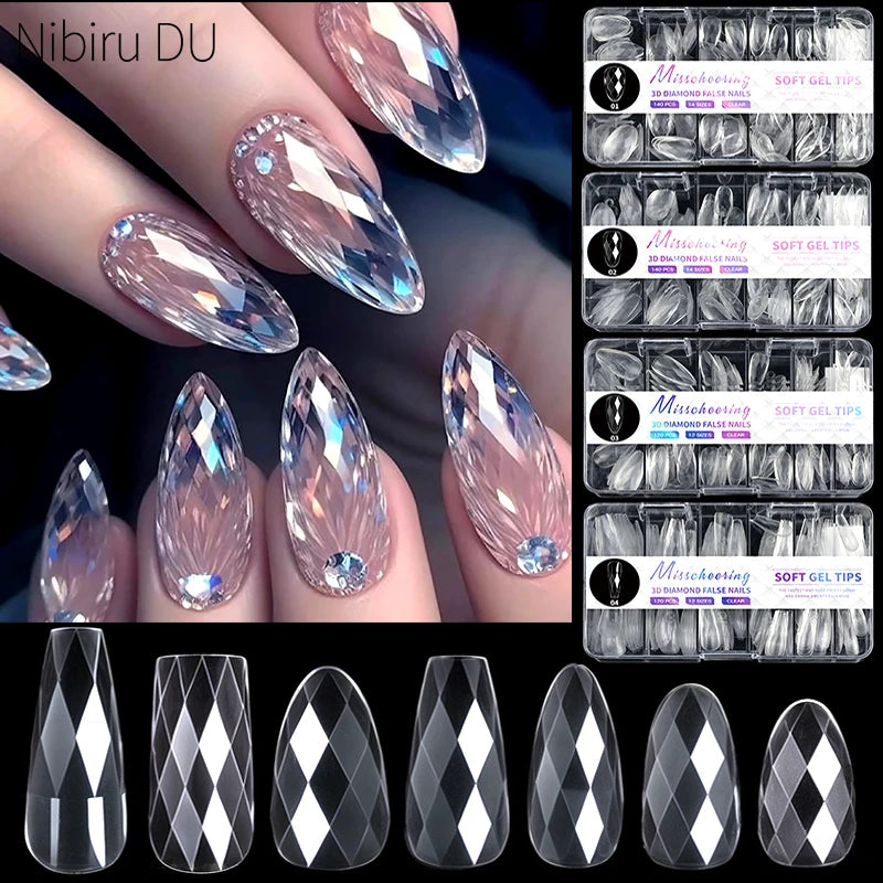140/120pcs 3D Diamond-shaped Flase Nail Extensions Shiny Almond Press on Nails Full Cover Soft Gel Tips Manicure Supplies