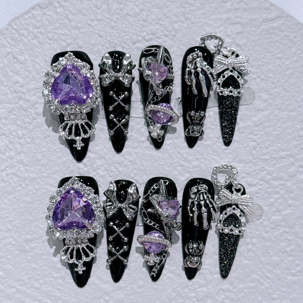 Metal Chain Dark Gothic Almond Press On Nail Art Silver Streak Decoration Handwork Detachable Fake Nails Presson Girl Party Gift