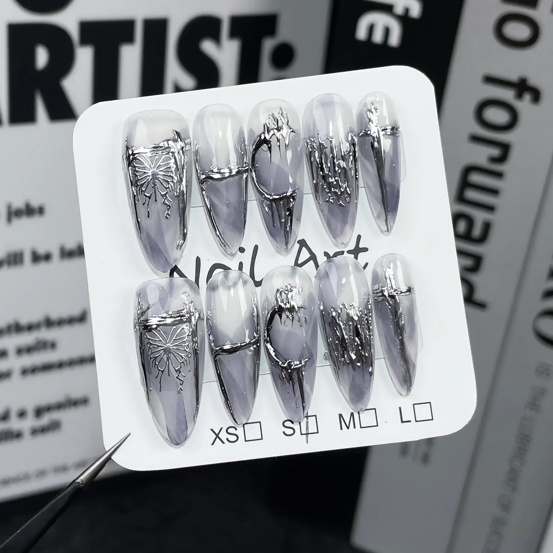 10pcs Butterfly Long False Nails Handmade Press on Nails Art Purple Smudge Design Reusable Almond Fake Nail Tips with Jelly Glue