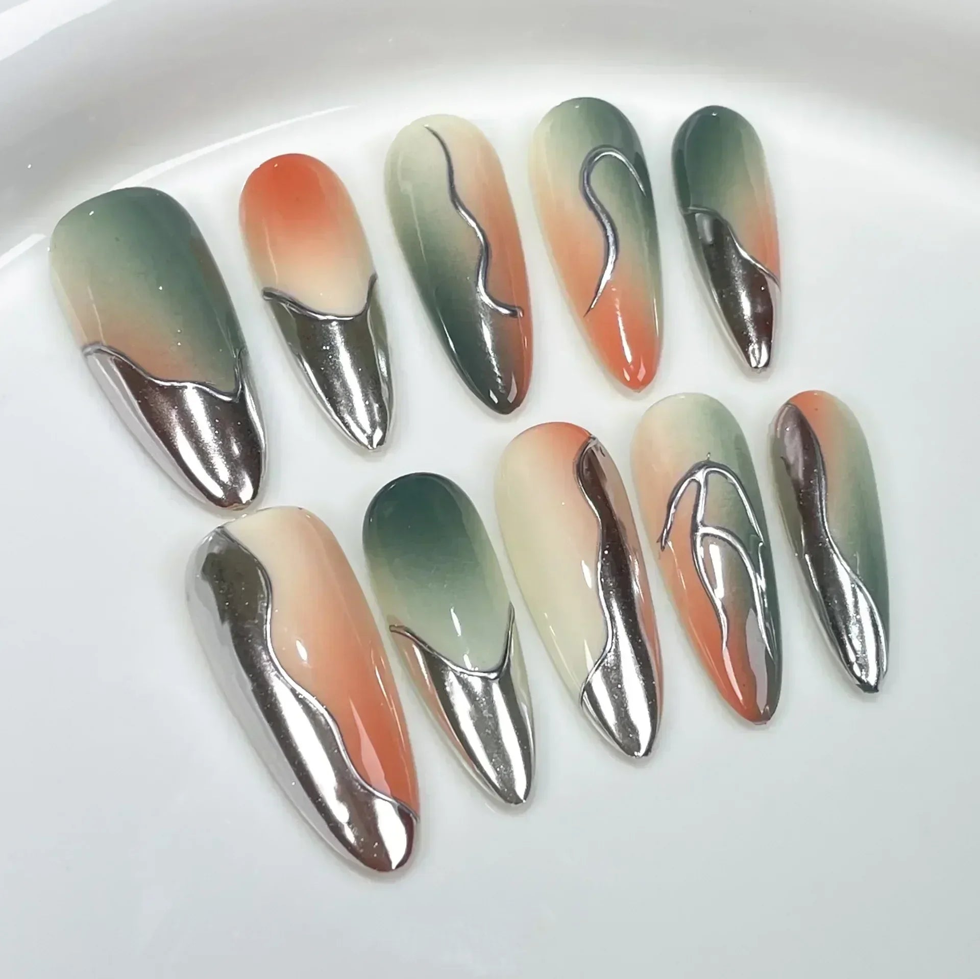 10Pcs Long Almond Handmade Press on Nails Butterfly Fake Nails Wearable Stick-on Nails False Nail Накладные Ногти Uñas Postizas