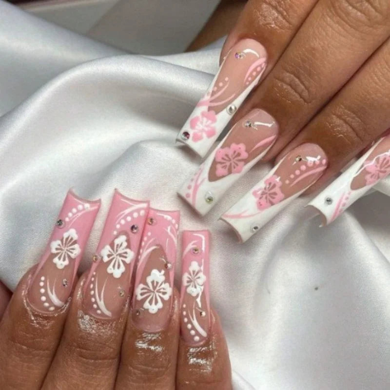 24Pcs Pink Bow Press on Nails 3D Flower with Pearl Design Acrylic Nails Ballerina Full Cover French False Nail Tips for Women