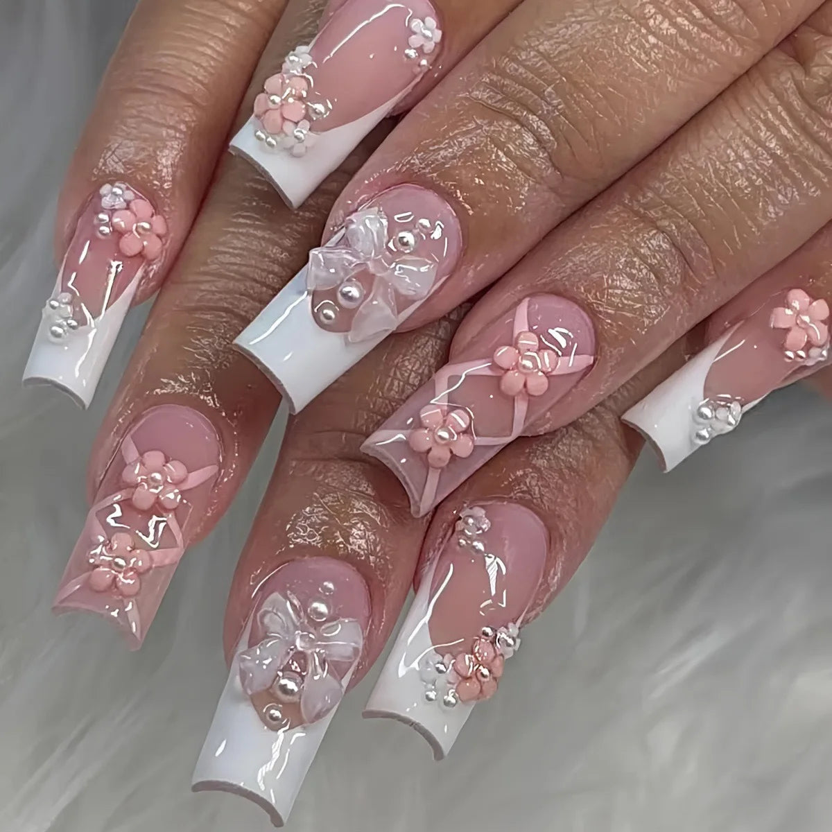 24Pcs Pink Bow Press on Nails 3D Flower with Pearl Design Acrylic Nails Ballerina Full Cover French False Nail Tips for Women