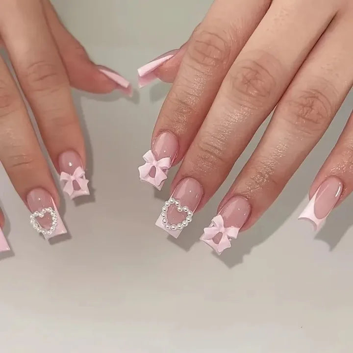 24Pcs Pink Bow Press on Nails 3D Flower with Pearl Design Acrylic Nails Ballerina Full Cover French False Nail Tips for Women