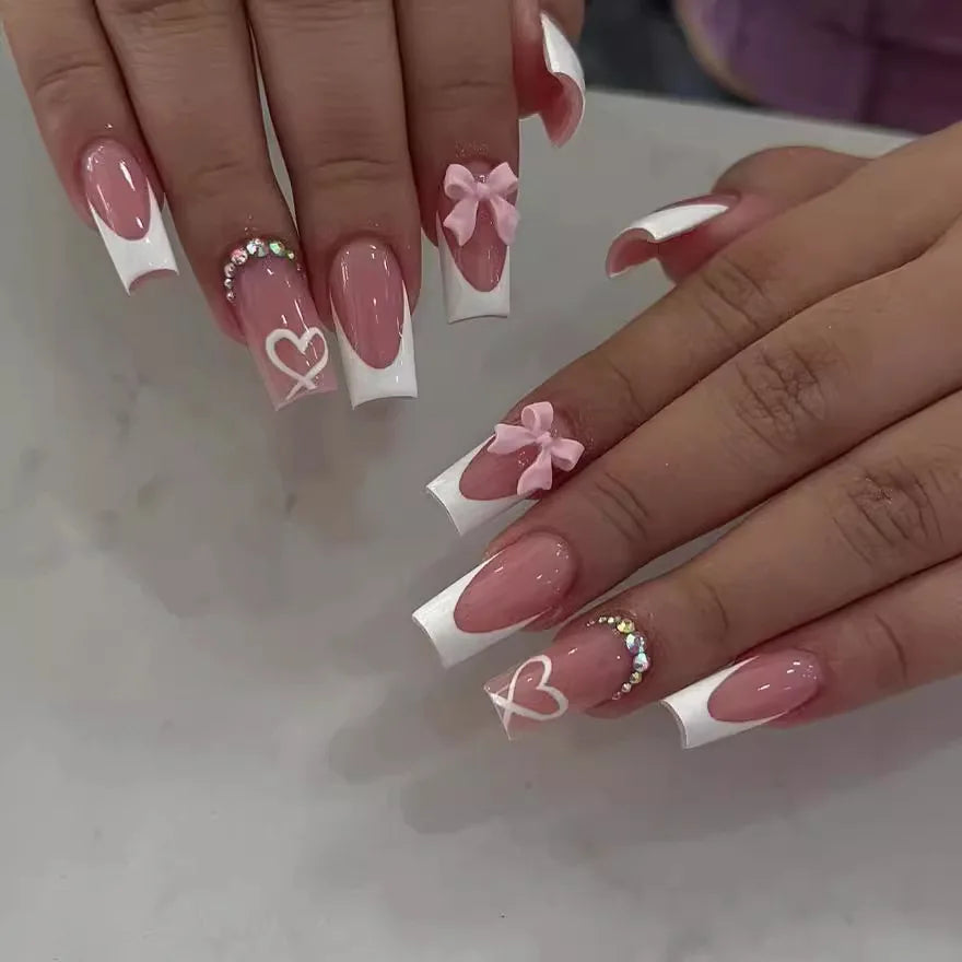 24Pcs Pink Bow Press on Nails 3D Flower with Pearl Design Acrylic Nails Ballerina Full Cover French False Nail Tips for Women