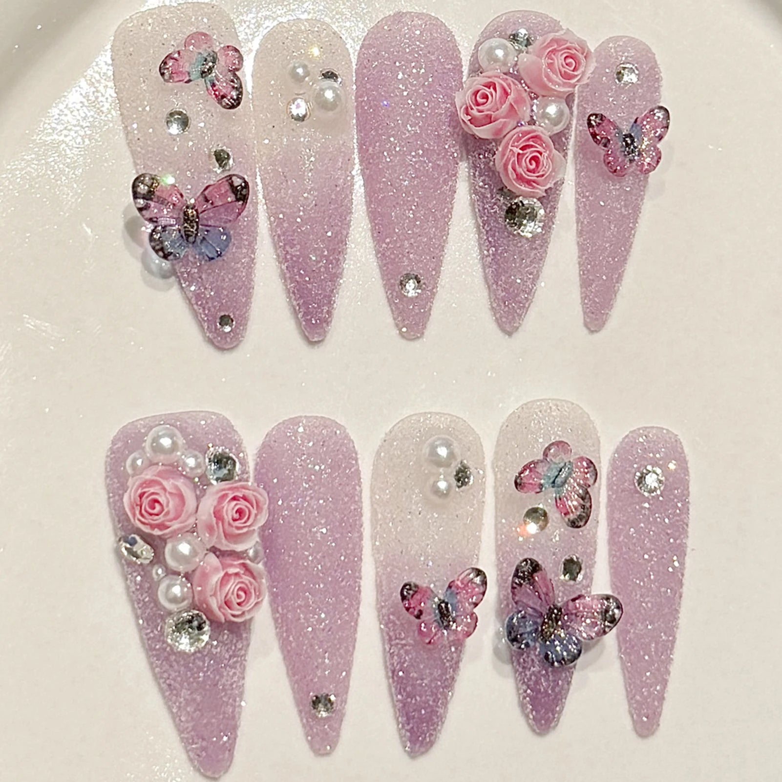 10pcs Dark Black False Nail Tips Metal Butterfly Flowers Designs Handmade Press On Nails Glossy Diamond Long Stiletto Fake Nail