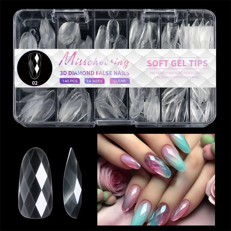 140/120pcs 3D Diamond-shaped Flase Nail Extensions Shiny Almond Press on Nails Full Cover Soft Gel Tips Manicure Supplies