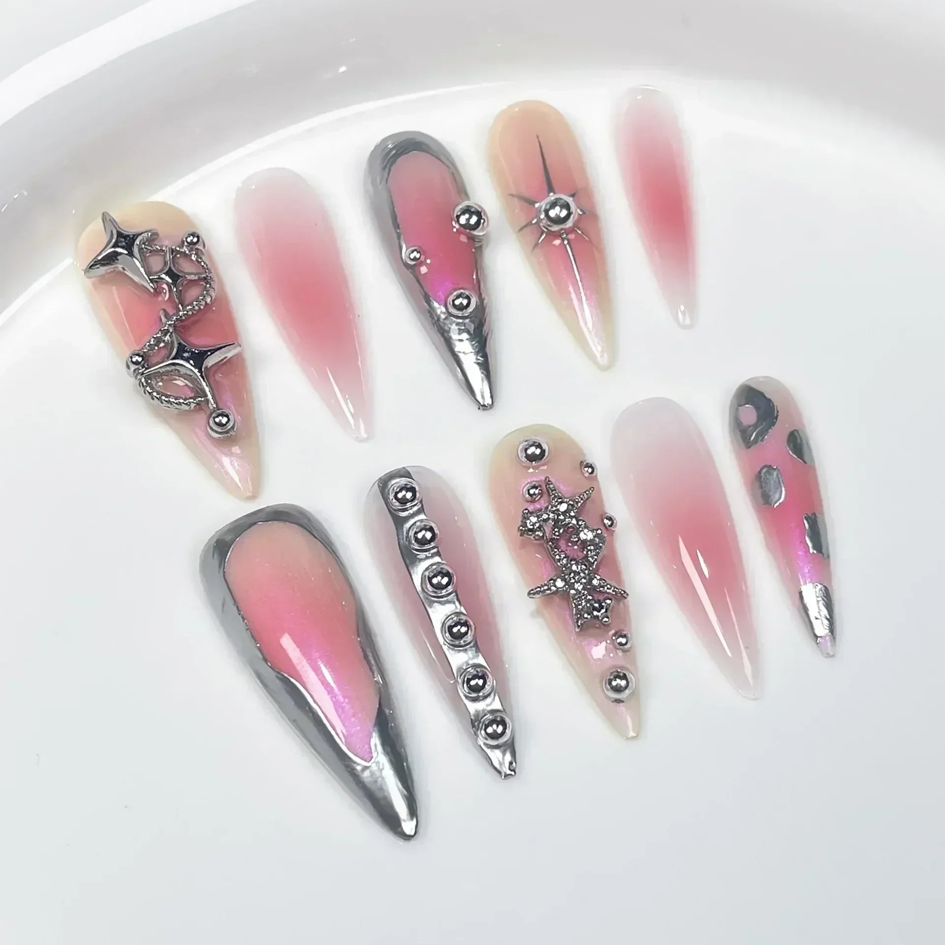 10Pcs Long Almond Handmade Press on Nails Butterfly Fake Nails Wearable Stick-on Nails False Nail Накладные Ногти Uñas Postizas