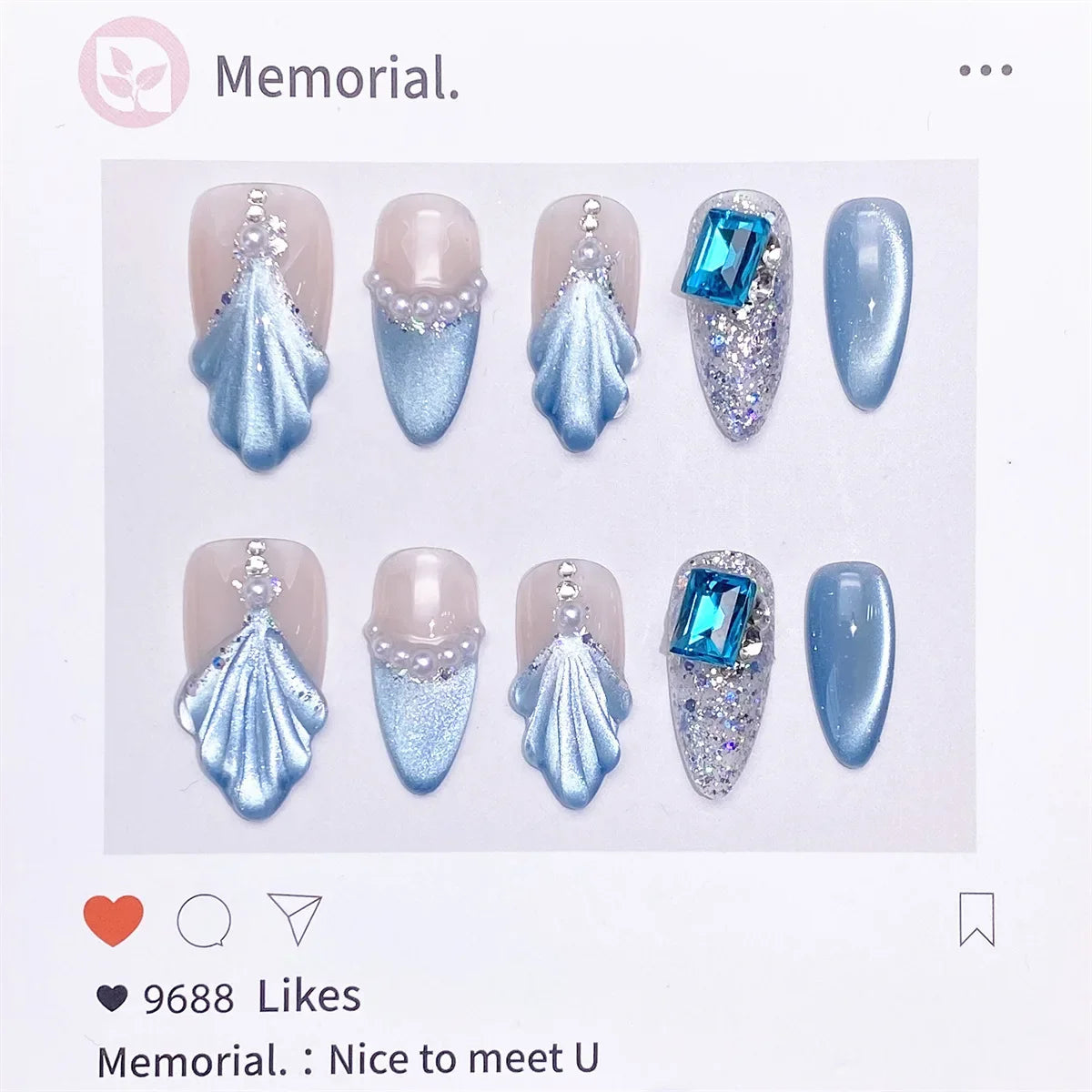 10pcs Handmade Press-On Nails with Sparkling Diamonds Cat Eye & Marine Design Blue Almond-Shaped Medium Length Nails for Women