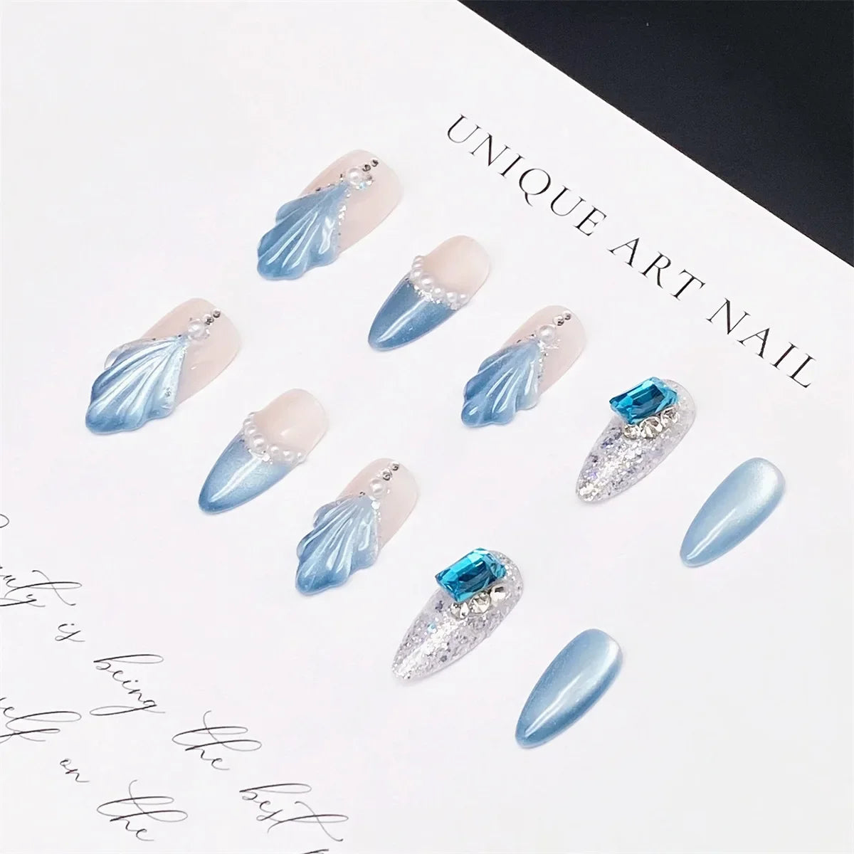 10pcs Handmade Press-On Nails with Sparkling Diamonds Cat Eye & Marine Design Blue Almond-Shaped Medium Length Nails for Women