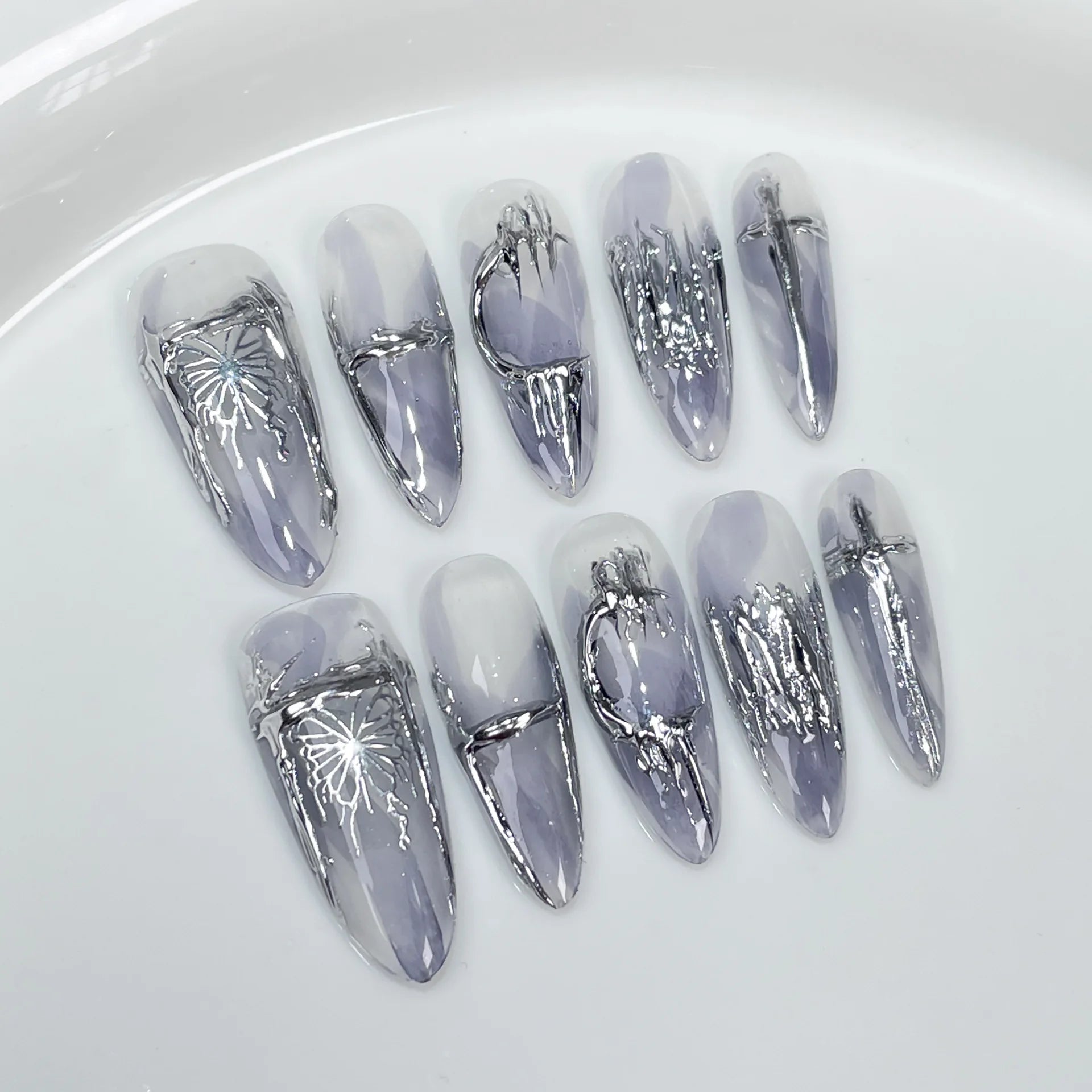 10pcs Butterfly Long False Nails Handmade Press on Nails Art Purple Smudge Design Reusable Almond Fake Nail Tips with Jelly Glue