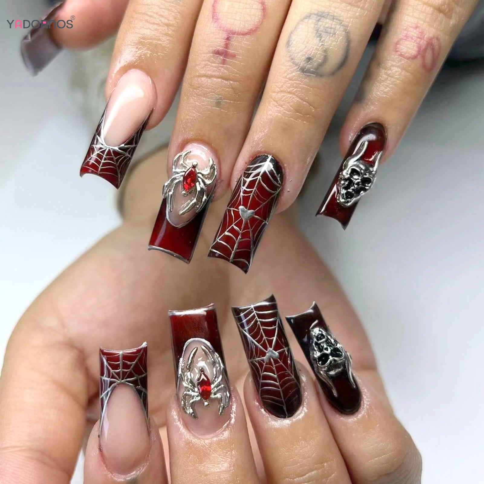 Gradient Black Red Halloween Fake Nails Long Coffin French Style Press on Nails 3D Spider Designs Y2K Punk Fashion False Nail