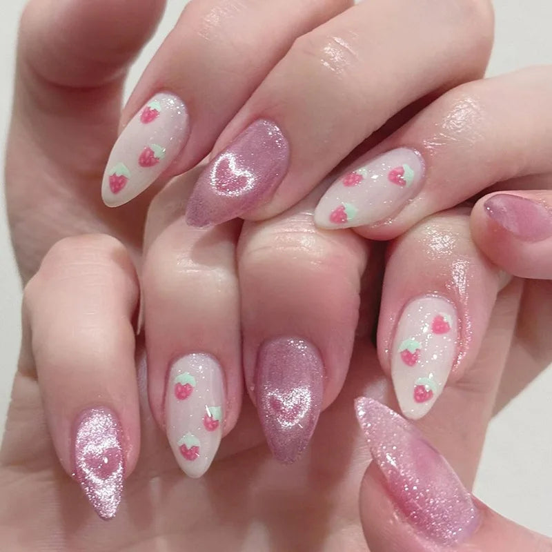 24Pcs Pink Bow Press on Nails 3D Flower with Pearl Design Acrylic Nails Ballerina Full Cover French False Nail Tips for Women