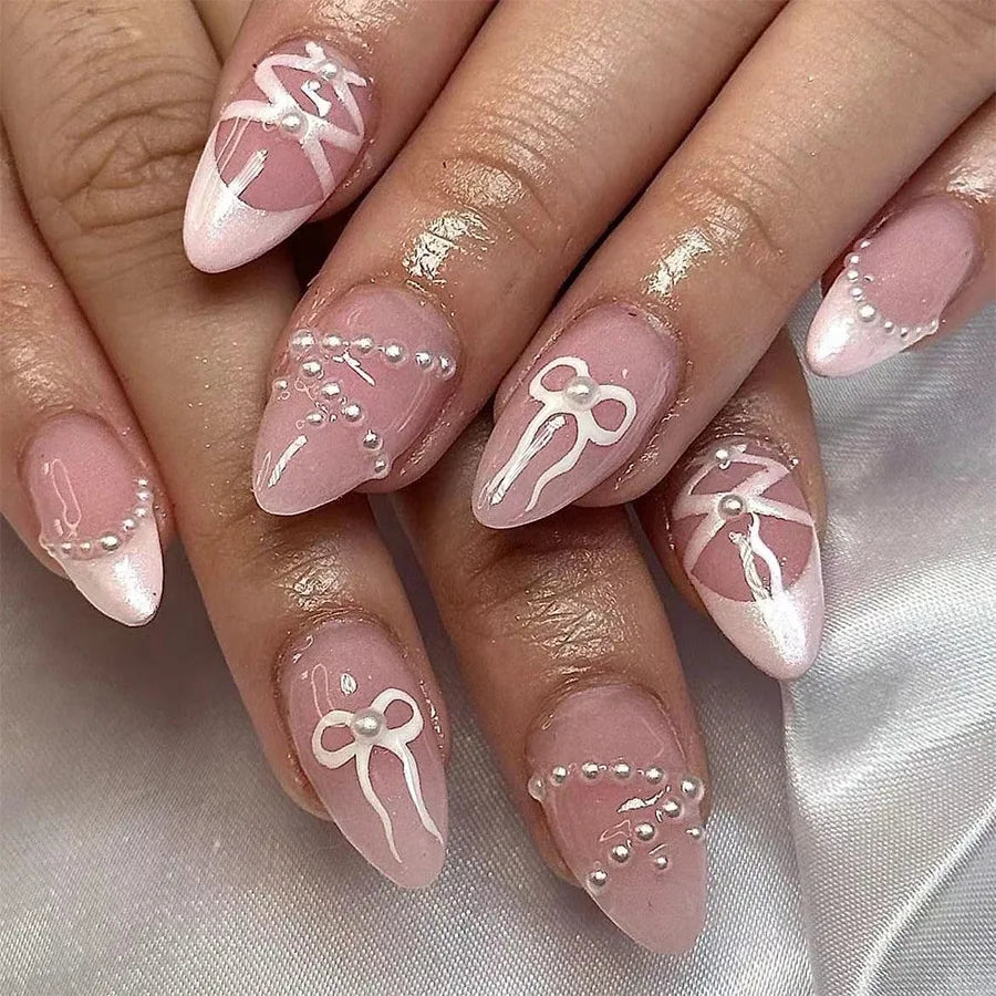 24Pcs Pink Bow Press on Nails 3D Flower with Pearl Design Acrylic Nails Ballerina Full Cover French False Nail Tips for Women