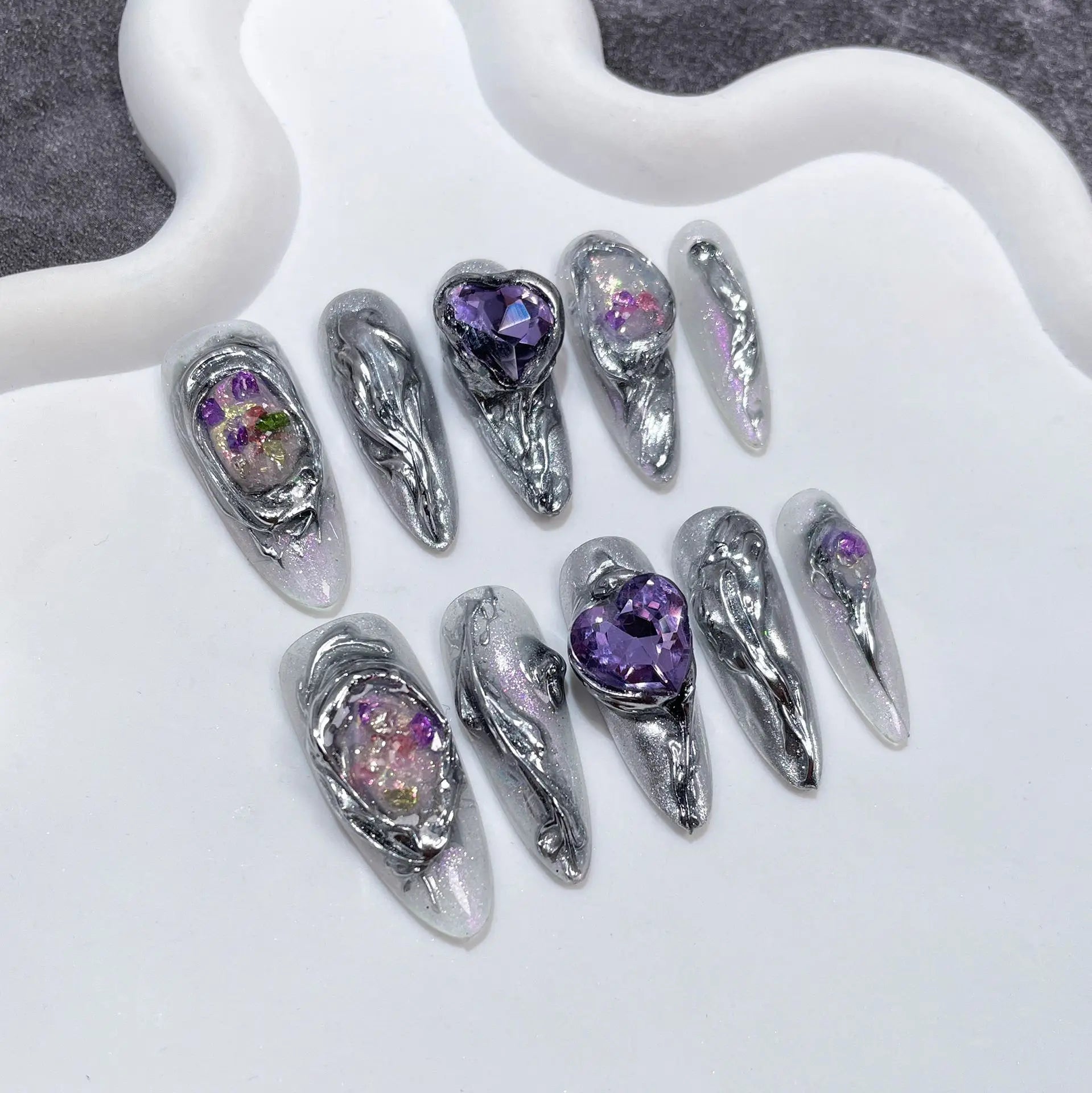 10pcs Butterfly Long False Nails Handmade Press on Nails Art Purple Smudge Design Reusable Almond Fake Nail Tips with Jelly Glue