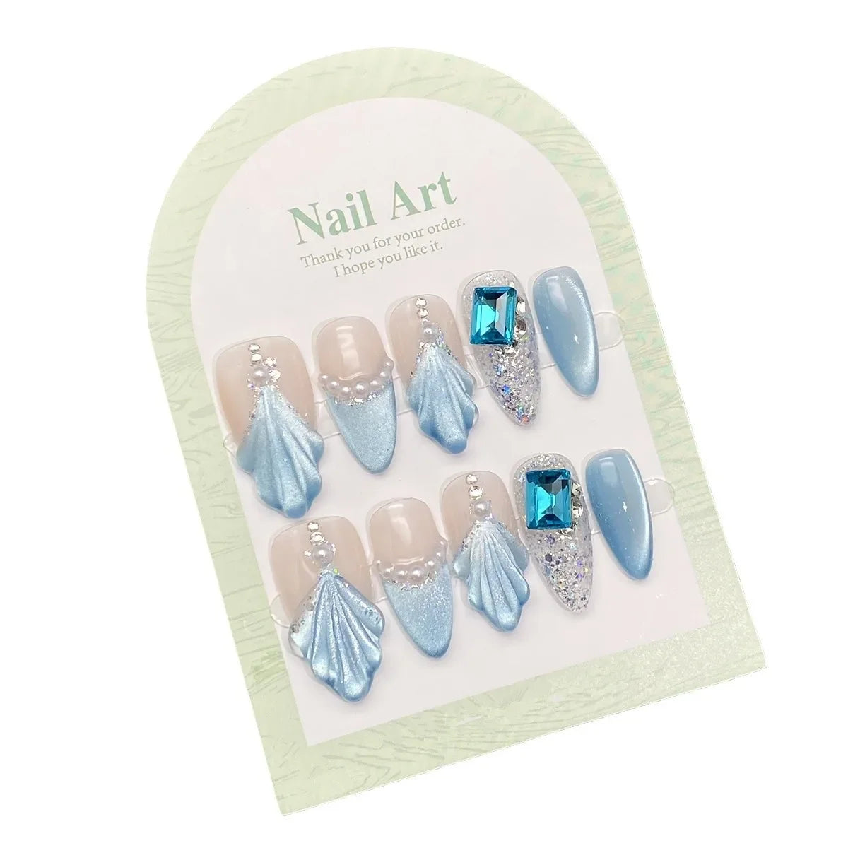 10pcs Handmade Press-On Nails with Sparkling Diamonds Cat Eye & Marine Design Blue Almond-Shaped Medium Length Nails for Women